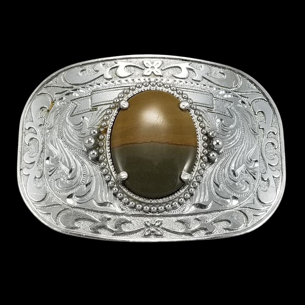 Vintage Western Silver Tone Floral Engraved Belt Buckle‎ with Brown Jasper Stone